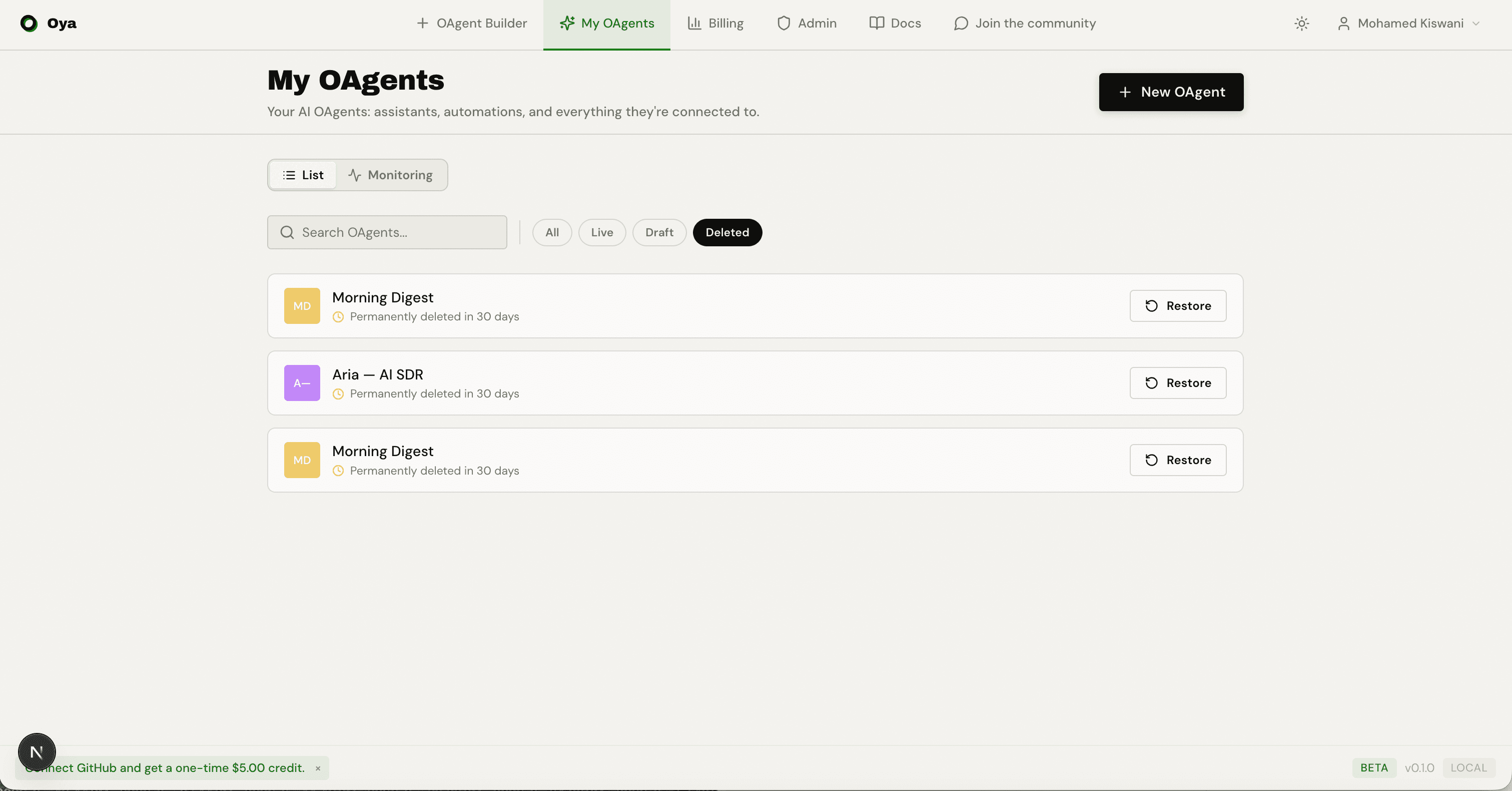 The Deleted tab listing soft-deleted OAgents with a purge countdown and Restore button