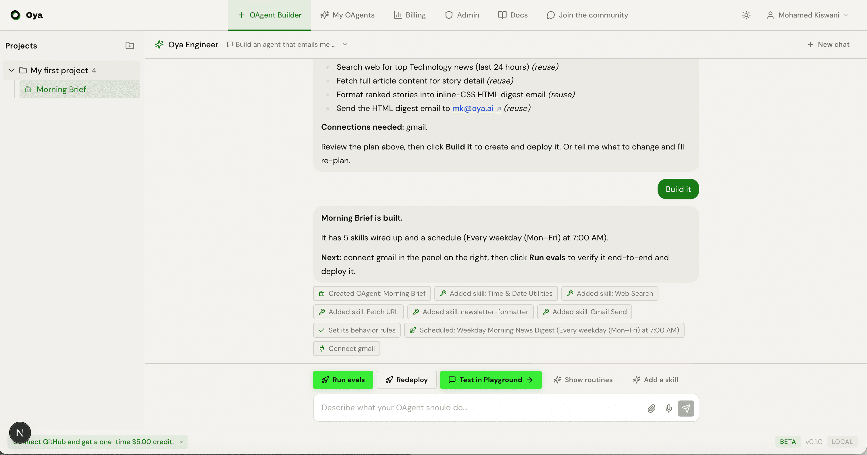 A row of next-step buttons above the composer: Connect missing apps, Run evals, Deploy or Redeploy, and Test in Playground