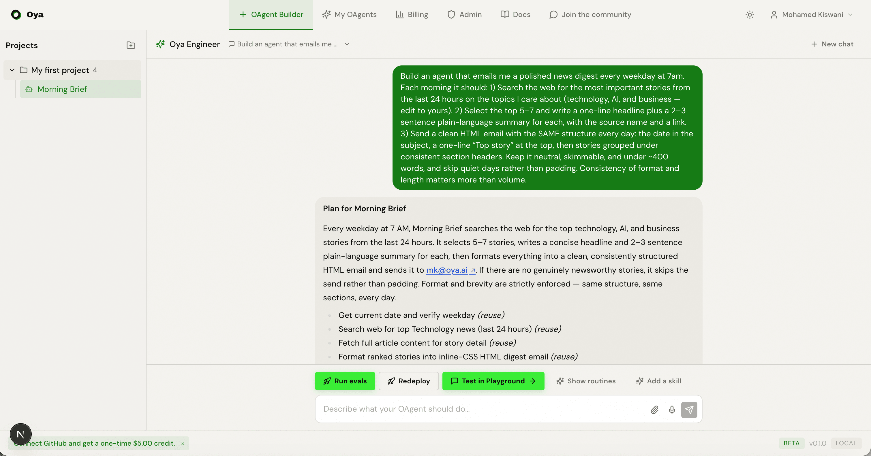 The Oya Engineer workspace with a projects and OAgents sidebar on the left, the playground in the center, and the builder chat pinned to the bottom