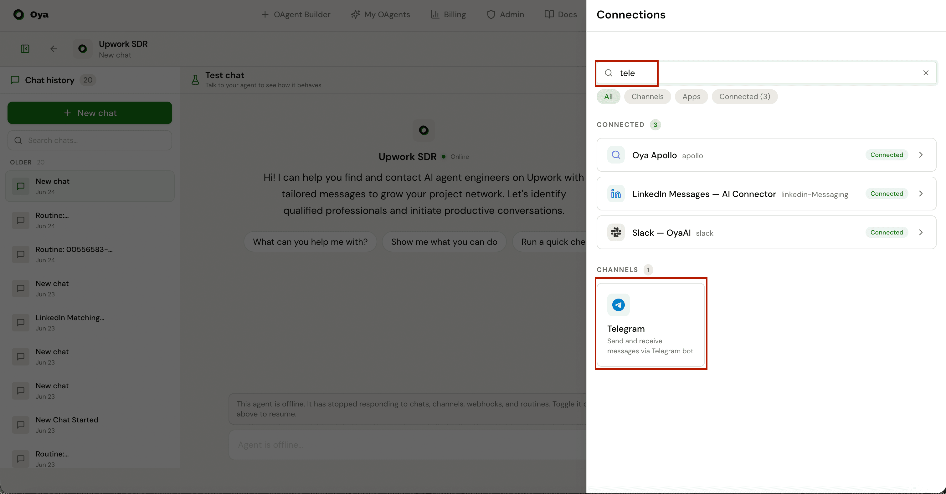 Telegram gateway connection dialog