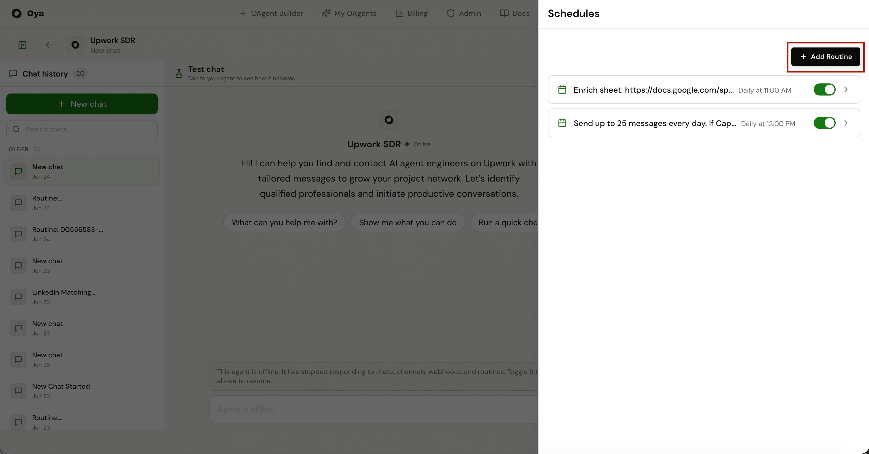 Routine creation form with schedule picker and channel selector