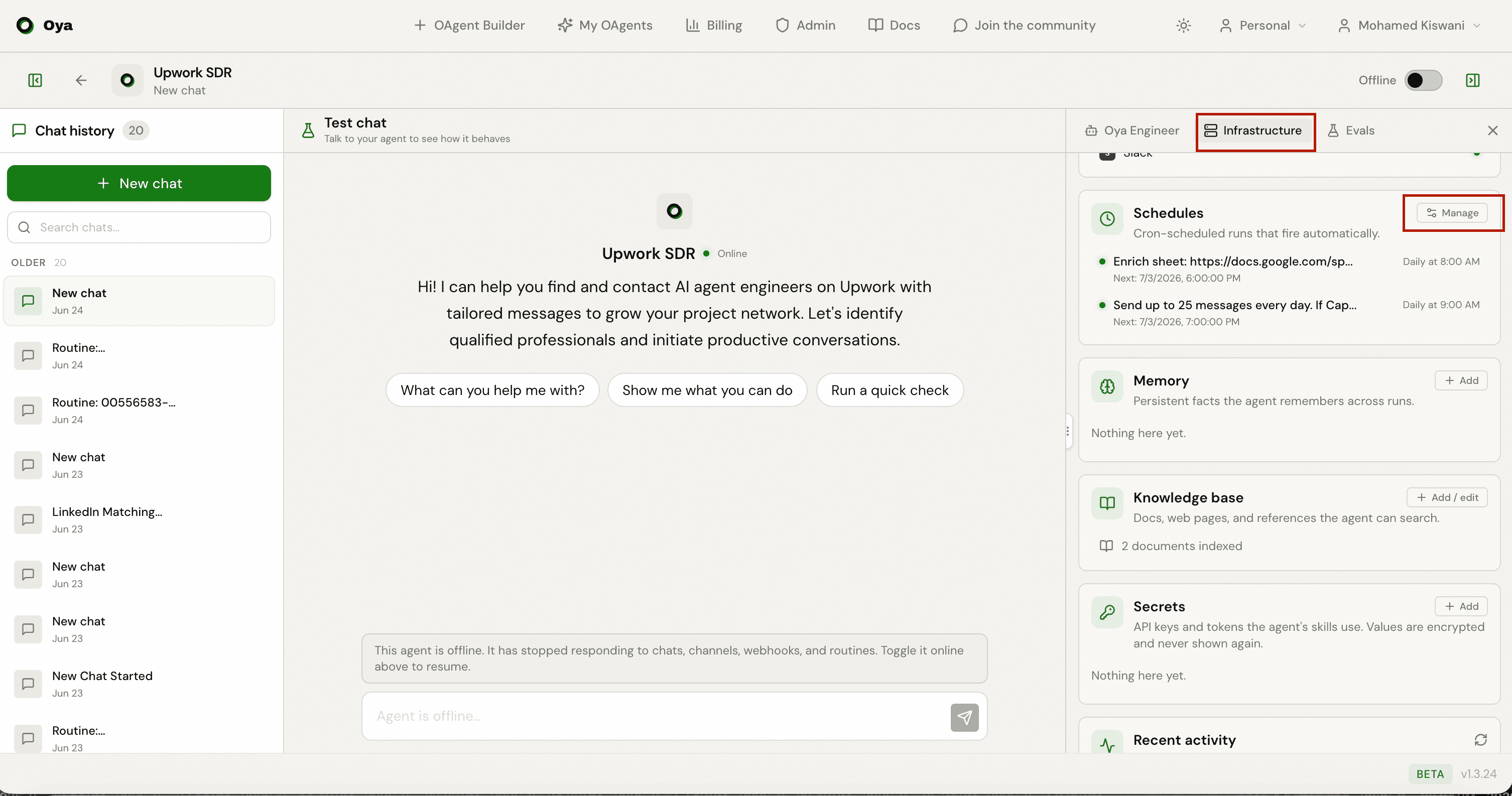 Routines page showing scheduled tasks