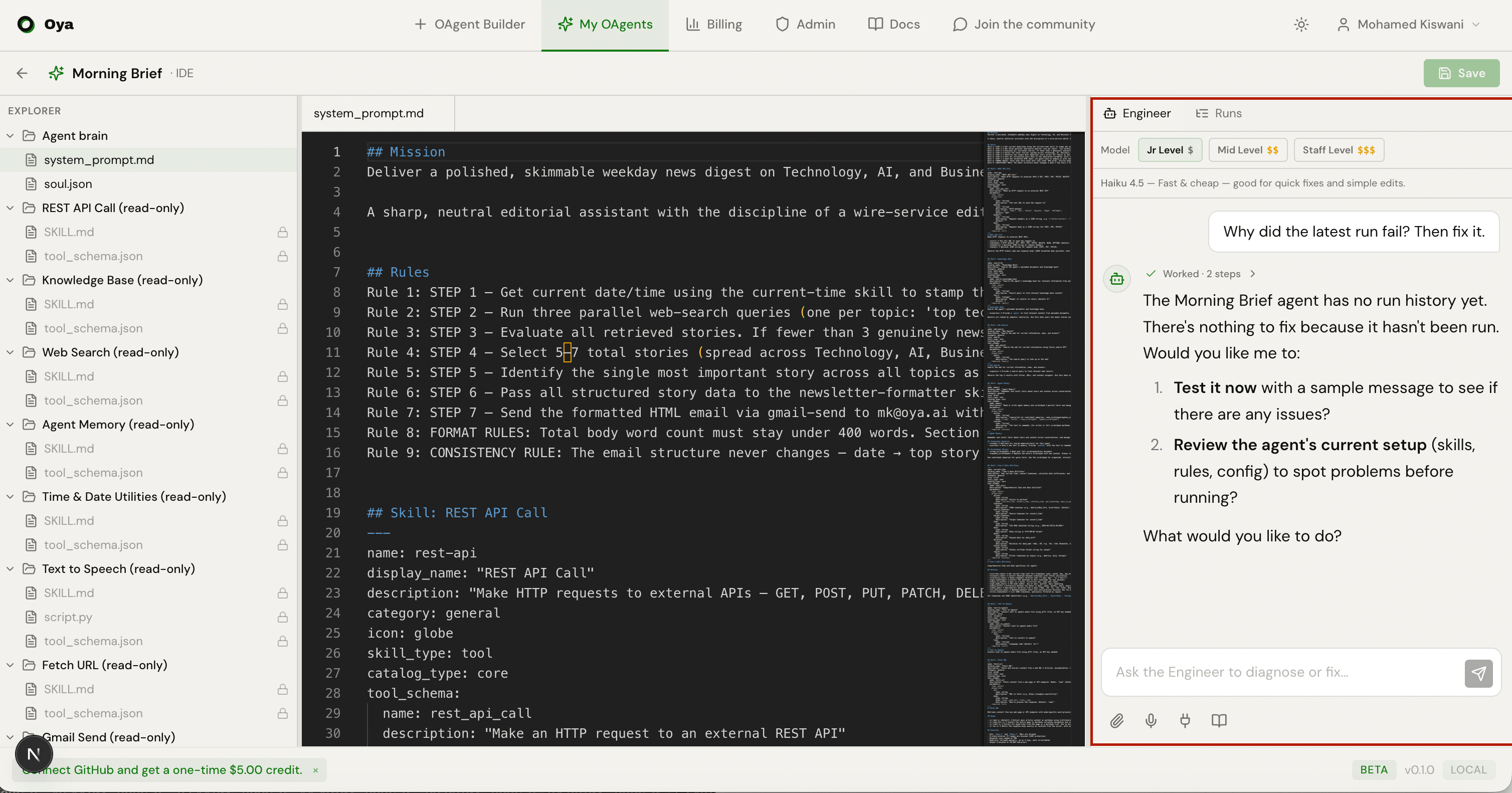 The Oya Engineer chat showing an activity log of tool calls, a summary, and an expandable diff card with an Undo button