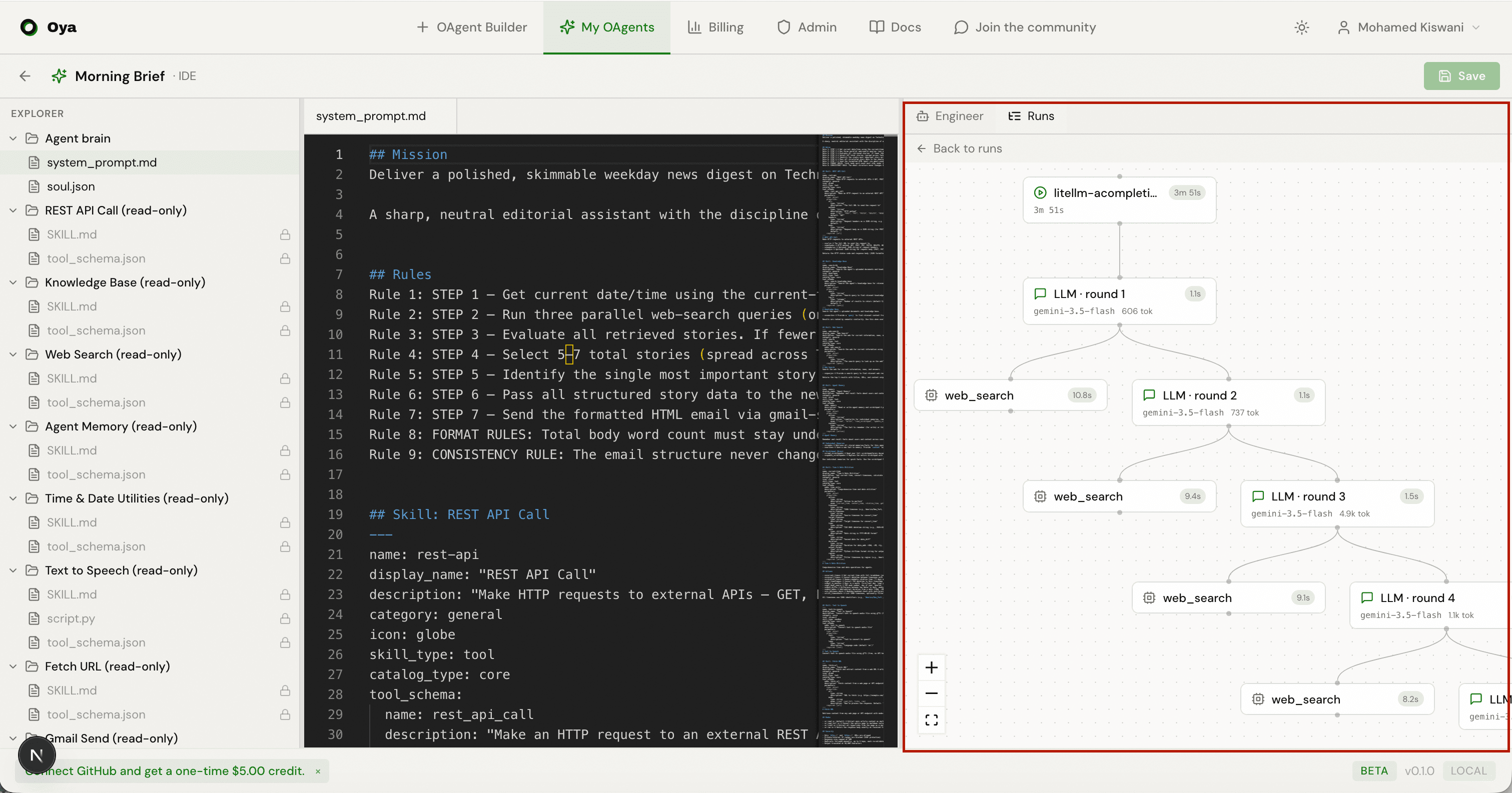 A run's full execution trace in OyaAI, shown as an interactive DAG